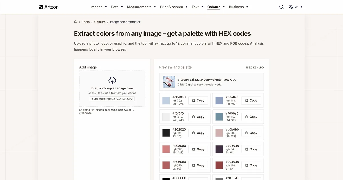 Arteon free tool screenshot: Extract colors from any image – get a palette with HEX codes