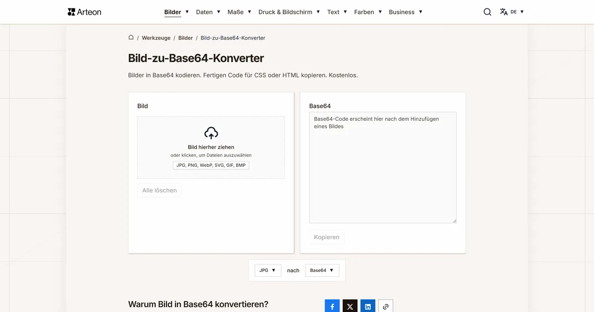 Screenshot des kostenlosen Arteon-Werkzeugs: Bild-zu-Base64-Konverter