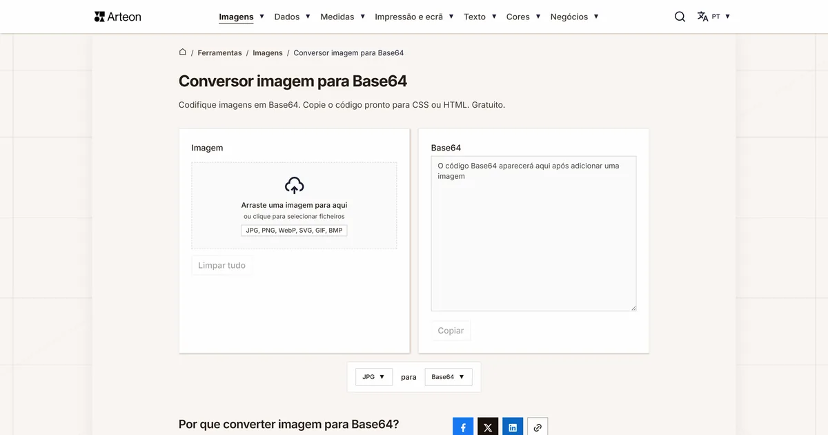 Captura de ecrã da ferramenta gratuita da Arteon: Conversor imagem para Base64
