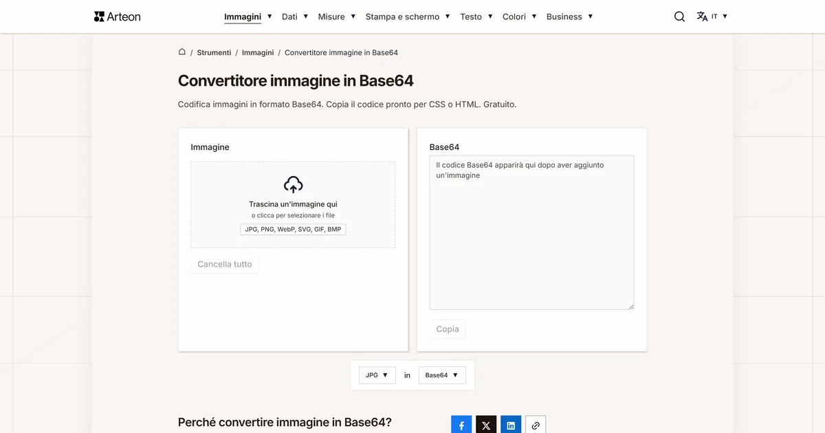 Screenshot dello strumento gratuito Arteon: Convertitore immagine in Base64