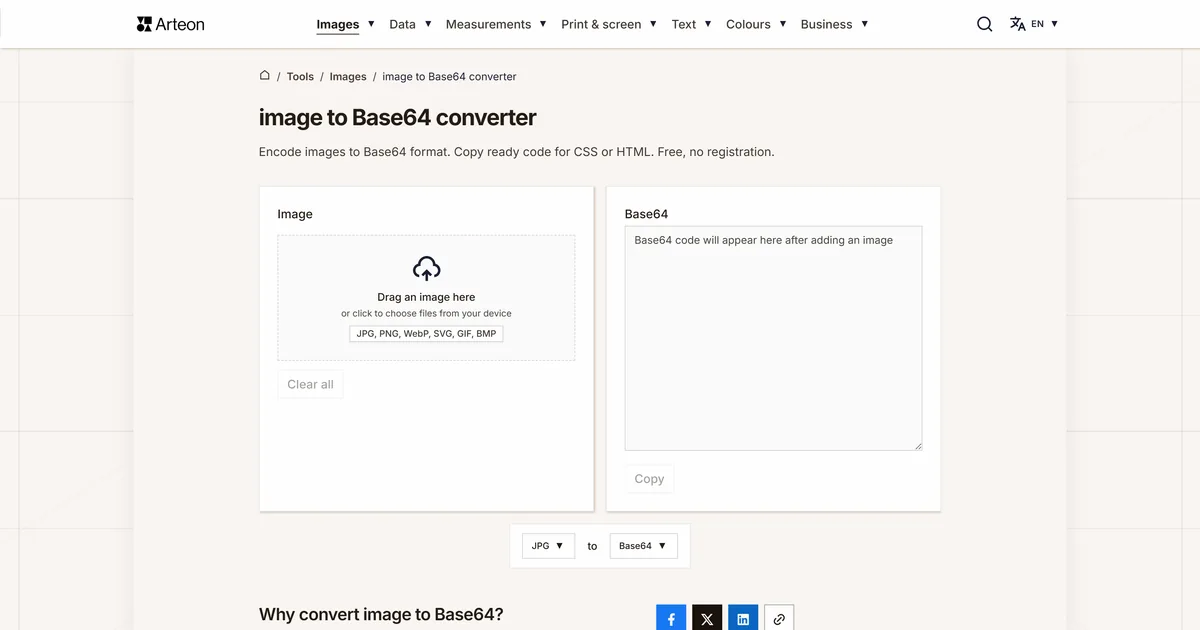 Arteon free tool screenshot: image to Base64 converter