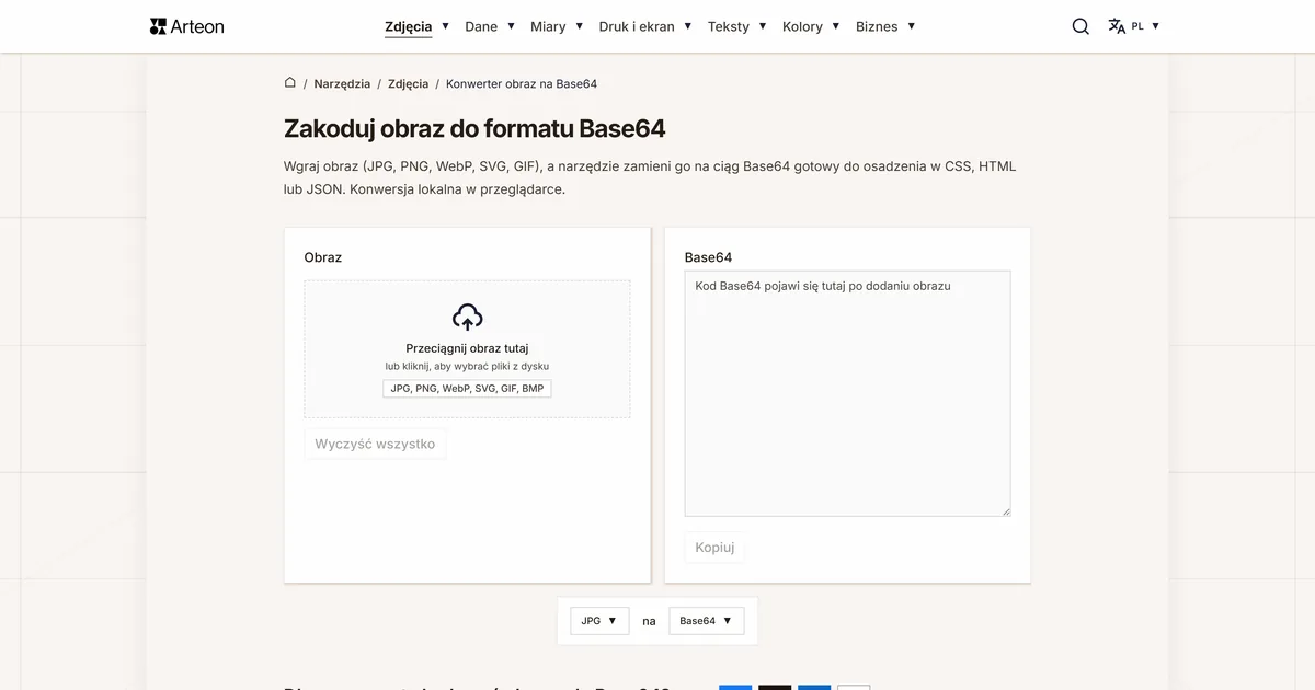 Zrzut ekranu darmowego narzędzia Arteon: Zakoduj obraz do formatu Base64