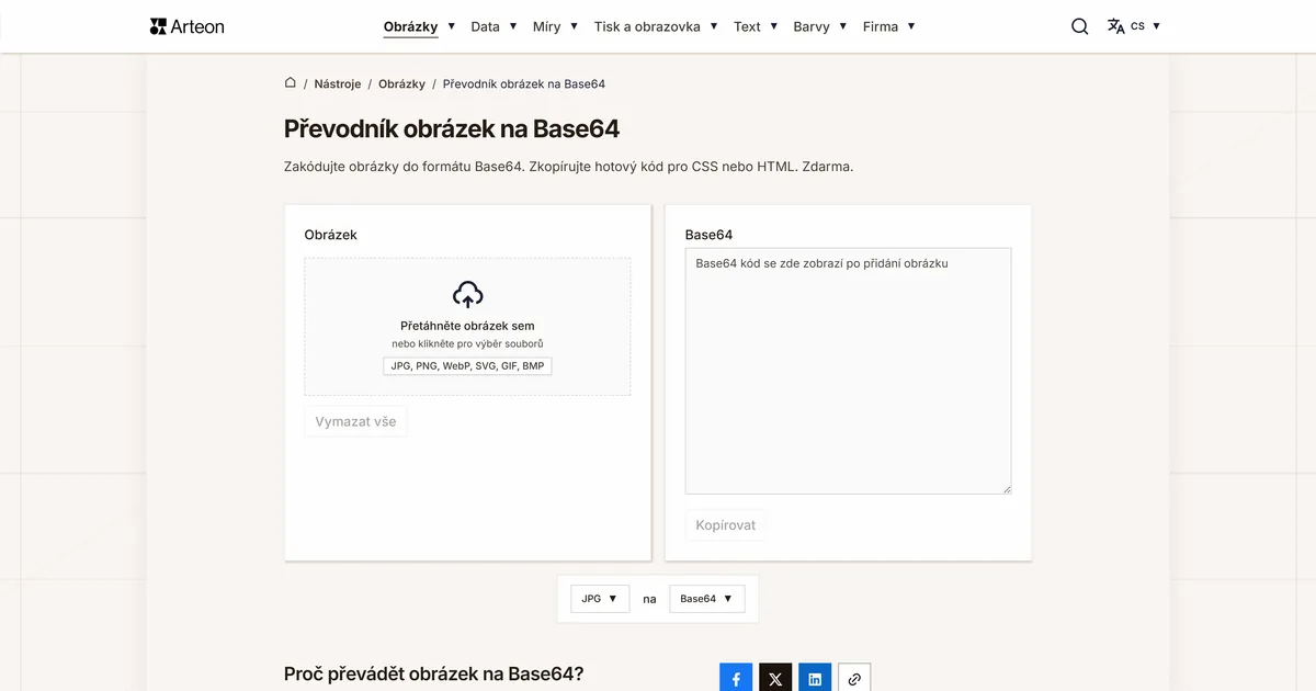 Snímek obrazovky bezplatného nástroje Arteon: Převodník obrázek na Base64