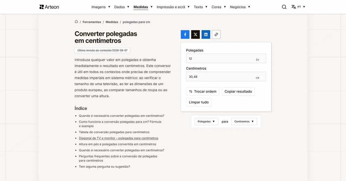 Captura de ecrã da ferramenta gratuita da Arteon: Converter polegadas em centímetros
