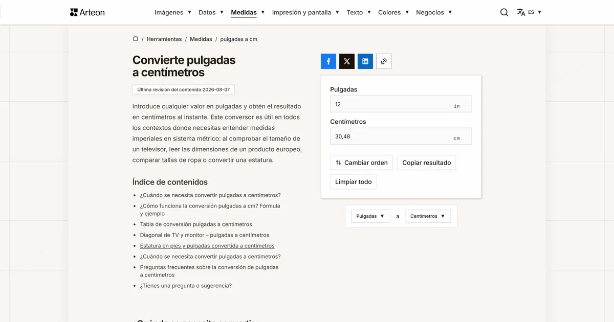 Captura de pantalla de la herramienta gratuita de Arteon: Convierte pulgadas a centímetros