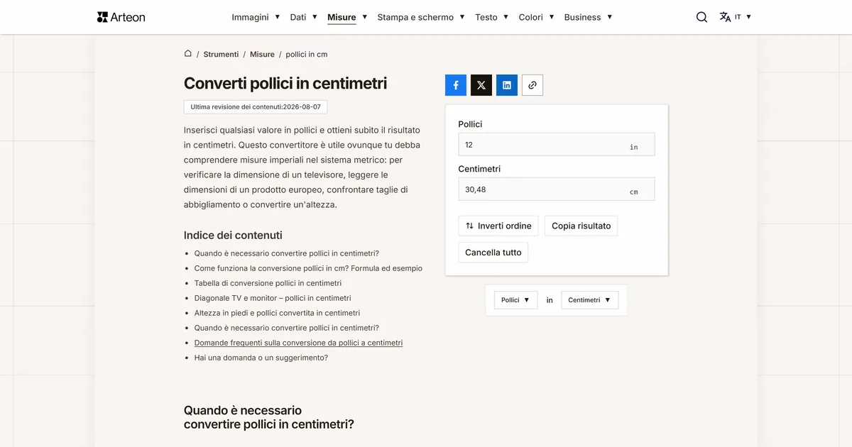 Screenshot dello strumento gratuito Arteon: Converti pollici in centimetri