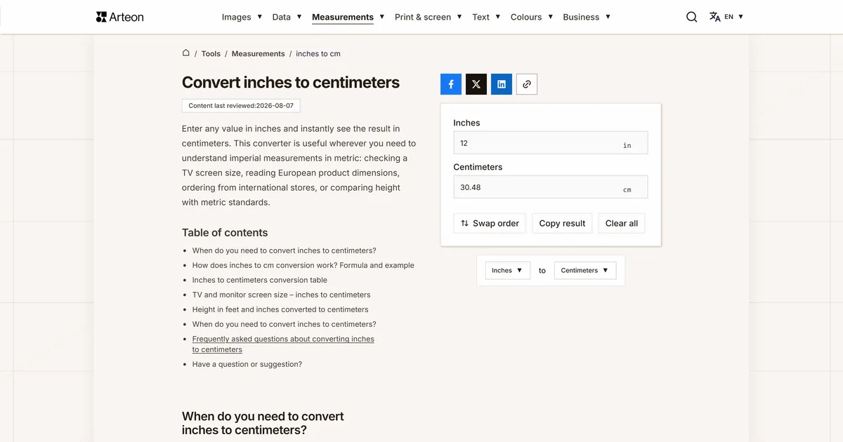 Arteon free tool screenshot: Convert inches to centimeters