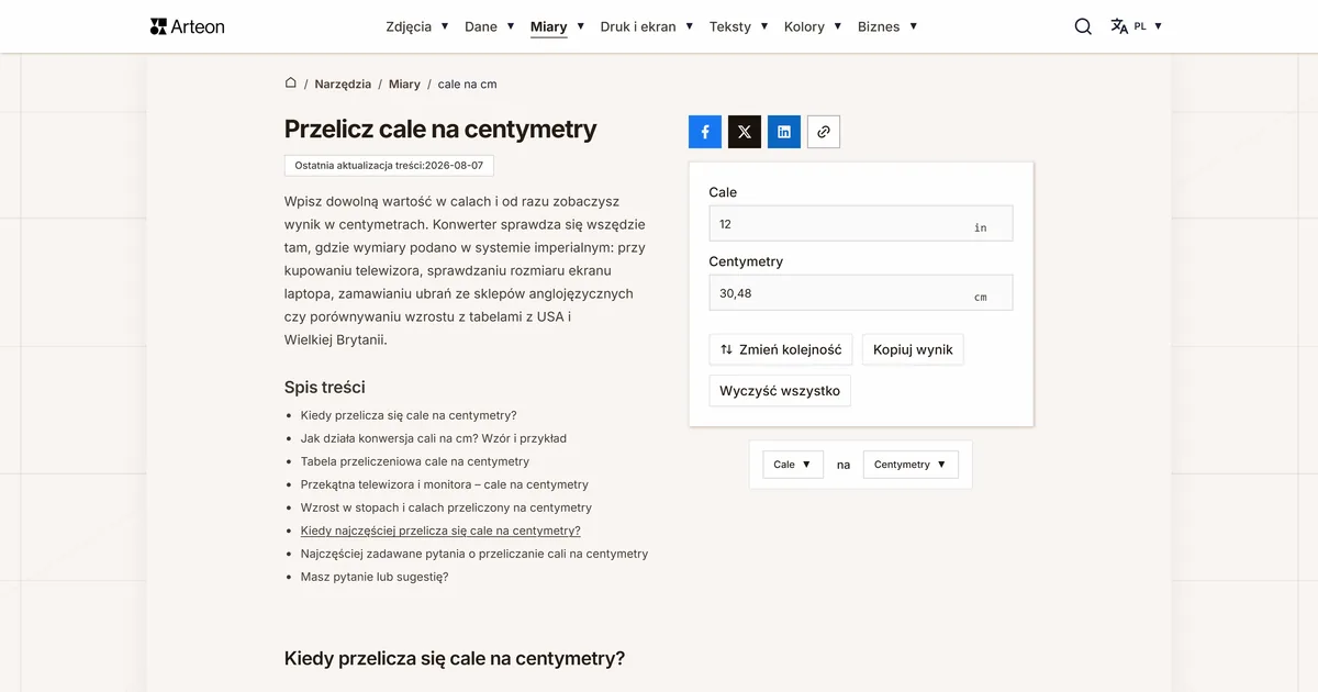Zrzut ekranu darmowego narzędzia Arteon: Przelicz cale na centymetry
