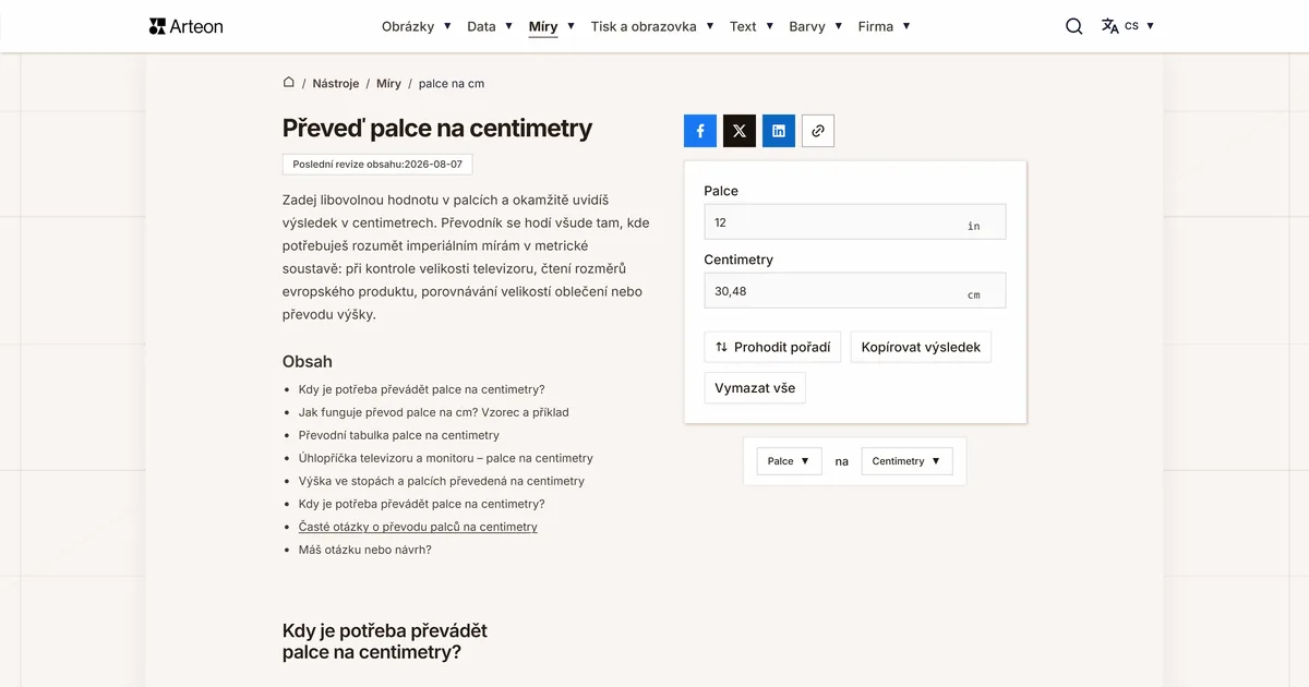 Snímek obrazovky bezplatného nástroje Arteon: Převeď palce na centimetry