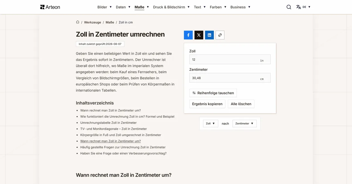 Screenshot des kostenlosen Arteon-Werkzeugs: Zoll in Zentimeter umrechnen