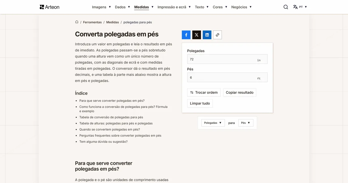 Captura de ecrã da ferramenta gratuita da Arteon: Converta polegadas em pés