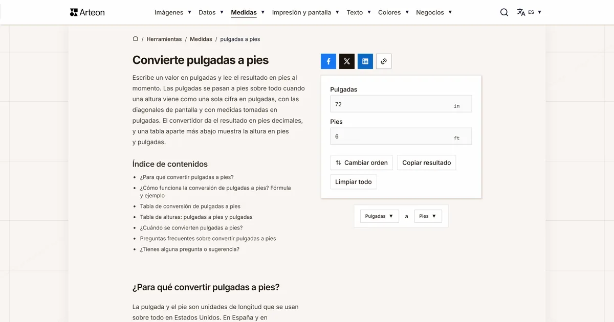 Captura de pantalla de la herramienta gratuita de Arteon: Convierte pulgadas a pies