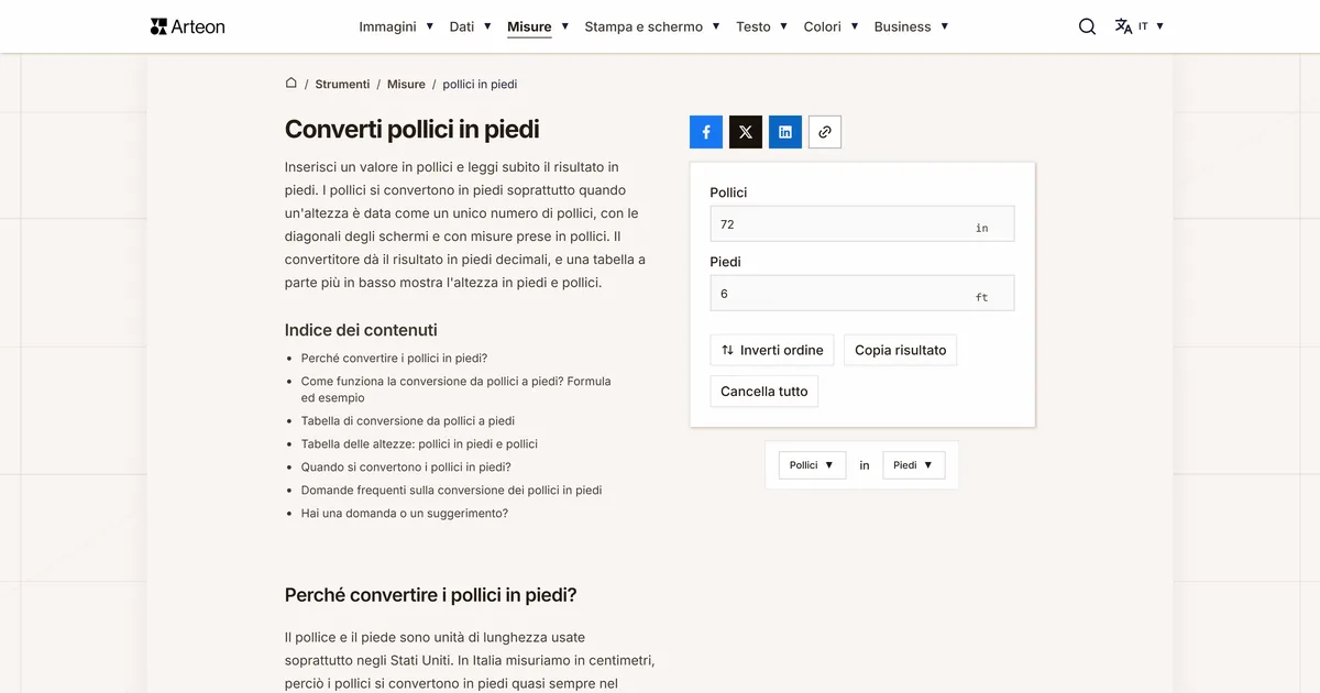 Screenshot dello strumento gratuito Arteon: Converti pollici in piedi