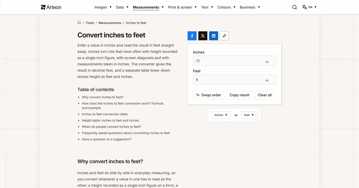 Arteon free tool screenshot: Convert inches to feet