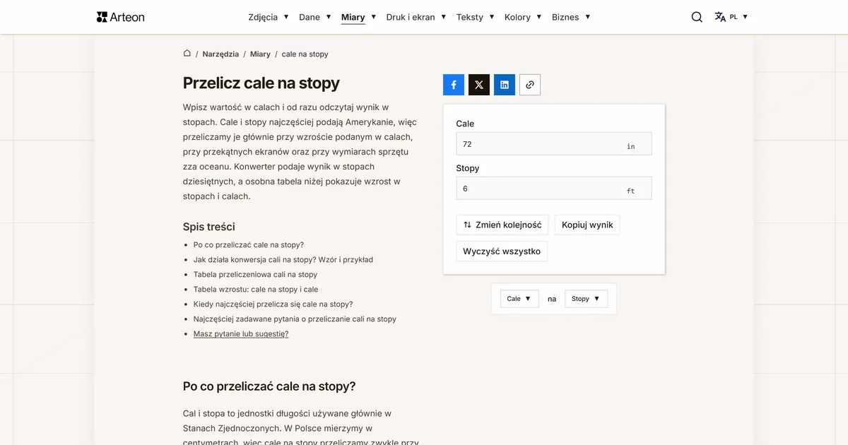 Zrzut ekranu darmowego narzędzia Arteon: Przelicz cale na stopy