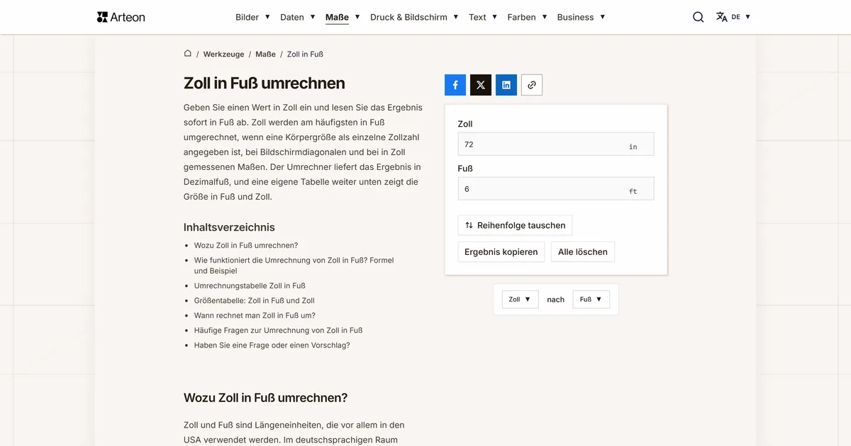 Screenshot des kostenlosen Arteon-Werkzeugs: Zoll in Fuß umrechnen