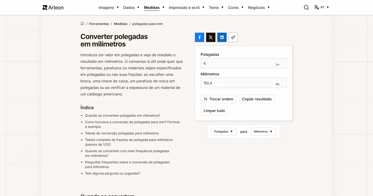 Captura de ecrã da ferramenta gratuita da Arteon: Converter polegadas em milímetros