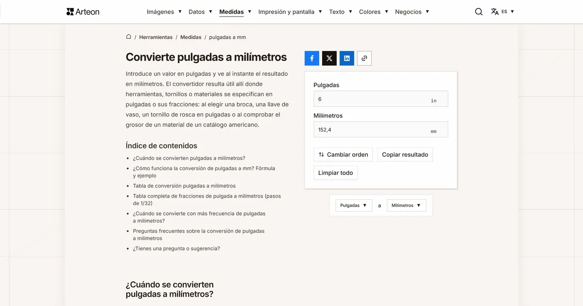 Captura de pantalla de la herramienta gratuita de Arteon: Convierte pulgadas a milímetros