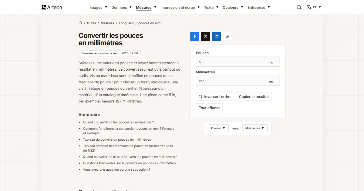 Capture d'écran de l'outil gratuit d'Arteon: Convertir les pouces en millimètres