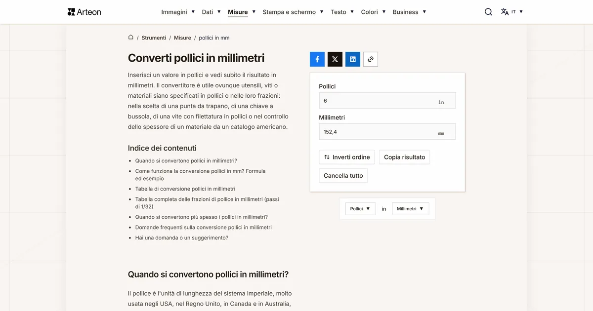 Screenshot dello strumento gratuito Arteon: Converti pollici in millimetri