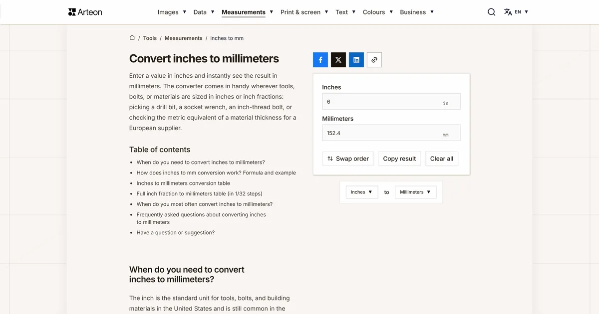 Arteon free tool screenshot: Convert inches to millimeters
