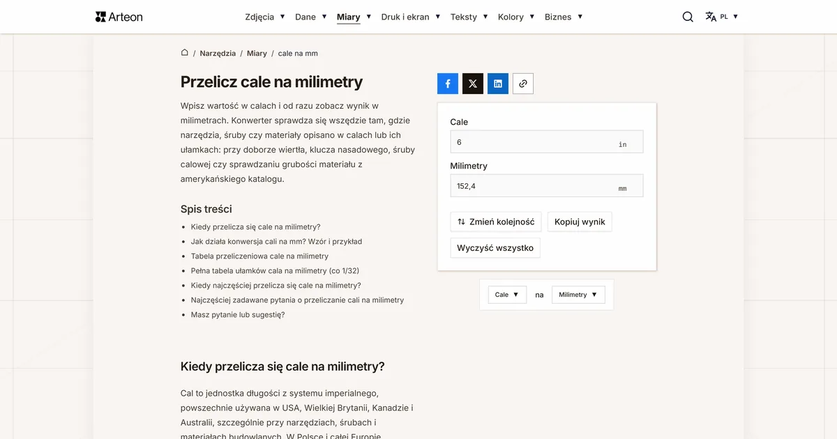Zrzut ekranu darmowego narzędzia Arteon: Przelicz cale na milimetry