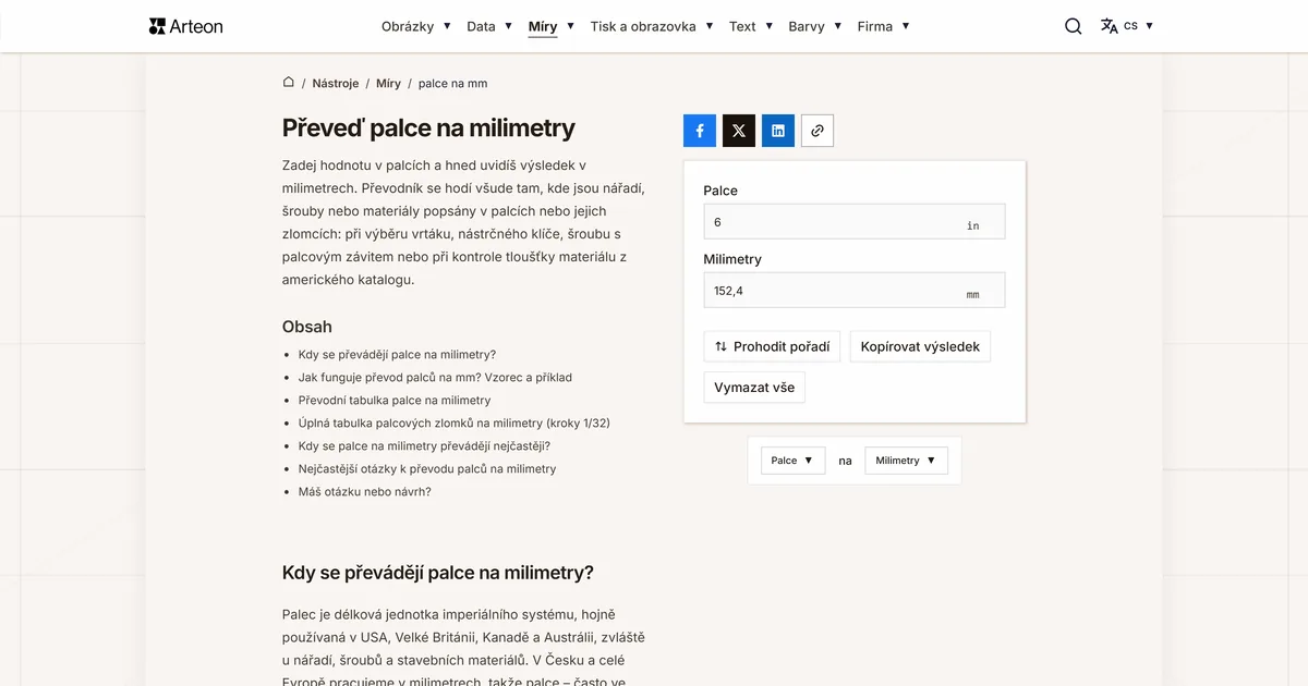 Snímek obrazovky bezplatného nástroje Arteon: Převeď palce na milimetry
