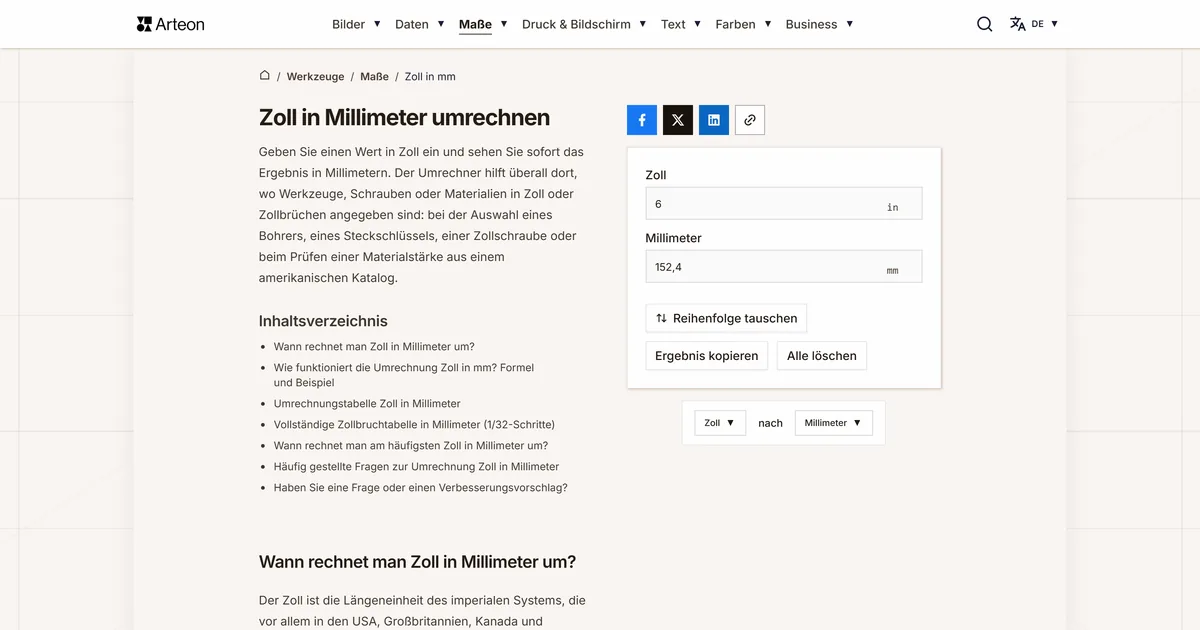 Screenshot des kostenlosen Arteon-Werkzeugs: Zoll in Millimeter umrechnen