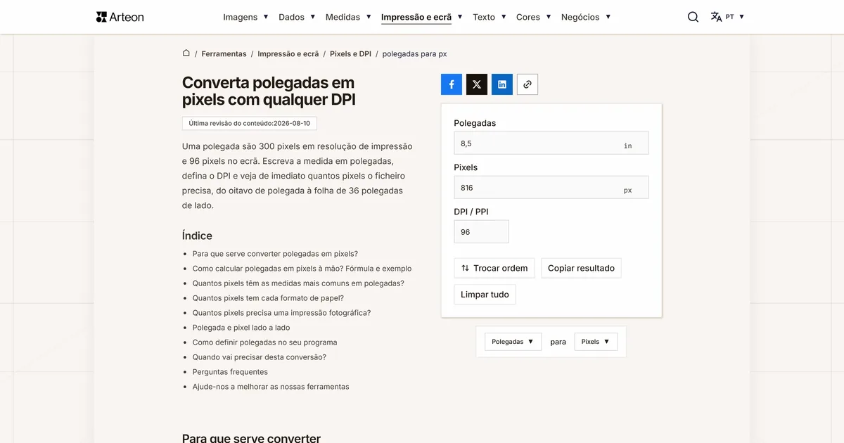 Captura de ecrã da ferramenta gratuita da Arteon: Converta polegadas em pixels com qualquer DPI