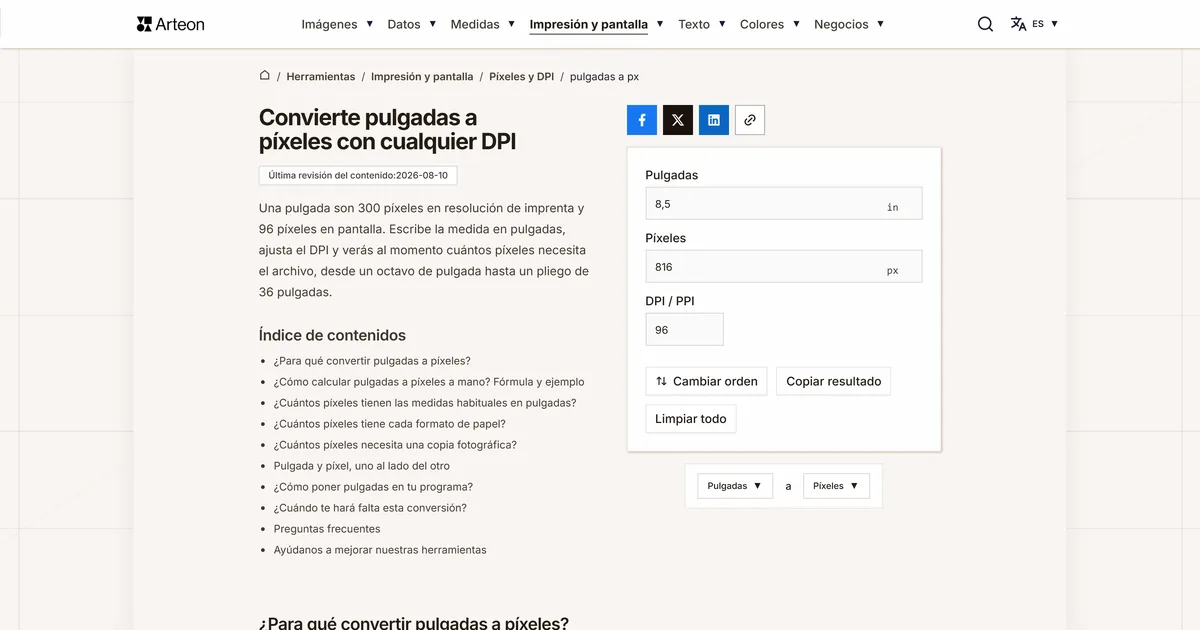 Captura de pantalla de la herramienta gratuita de Arteon: Convierte pulgadas a píxeles con cualquier DPI