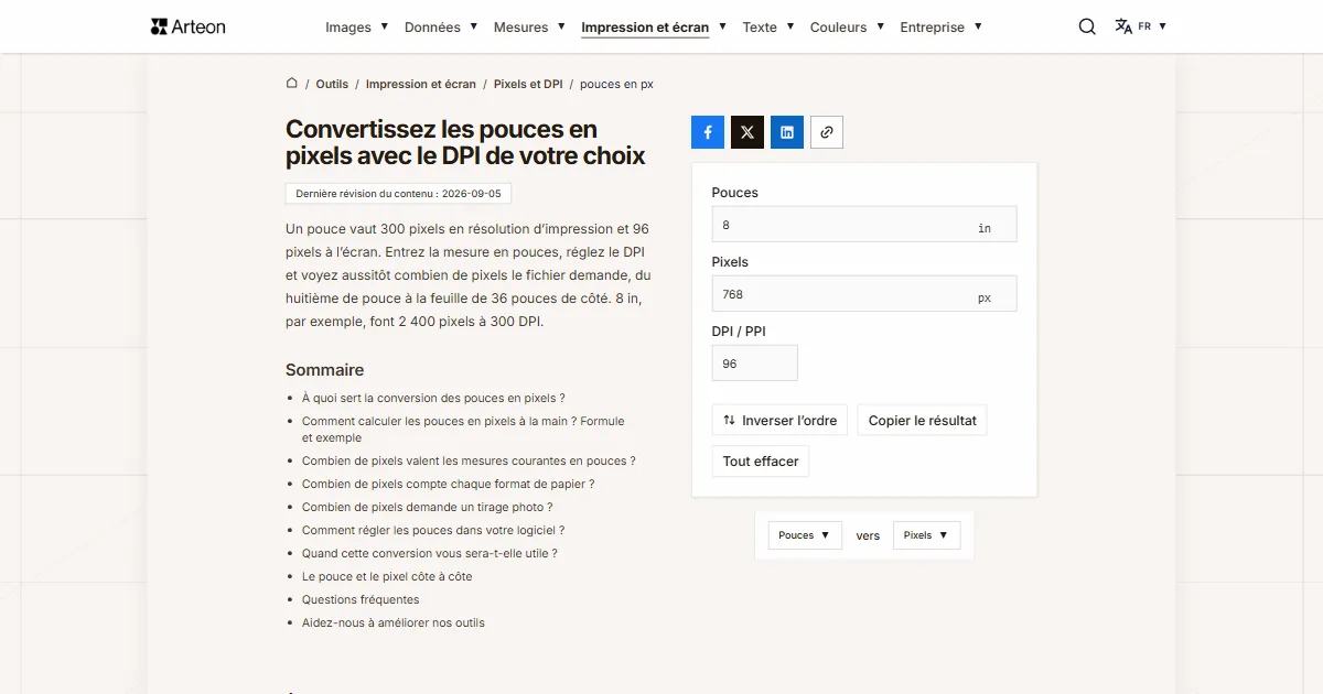 Capture d'écran de l'outil gratuit d'Arteon: Convertissez les pouces en pixels avec le DPI de votre choix