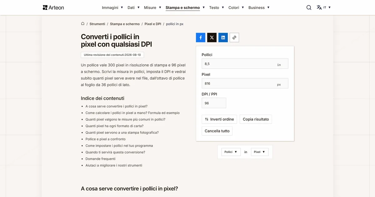 Screenshot dello strumento gratuito Arteon: Converti i pollici in pixel con qualsiasi DPI