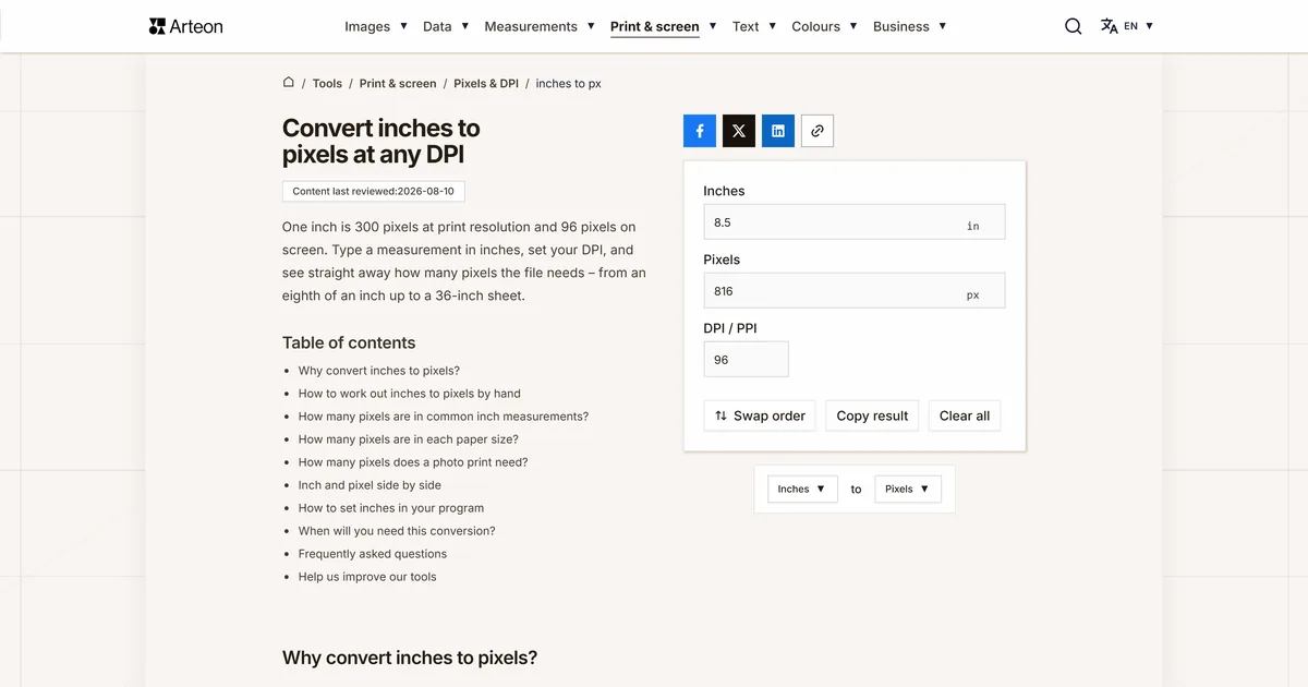 Arteon free tool screenshot: Convert inches to pixels at any DPI