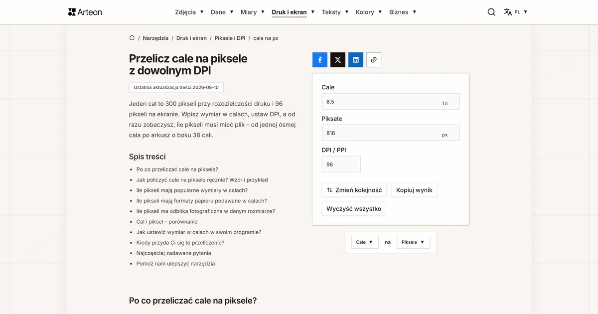 Zrzut ekranu darmowego narzędzia Arteon: Przelicz cale na piksele z dowolnym DPI