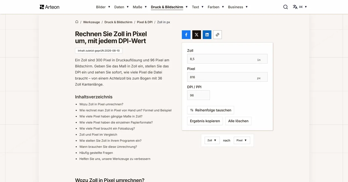 Screenshot des kostenlosen Arteon-Werkzeugs: Rechnen Sie Zoll in Pixel um, mit jedem DPI-Wert