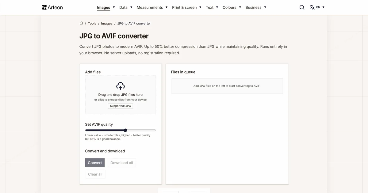 Arteon free tool screenshot: JPG to AVIF converter