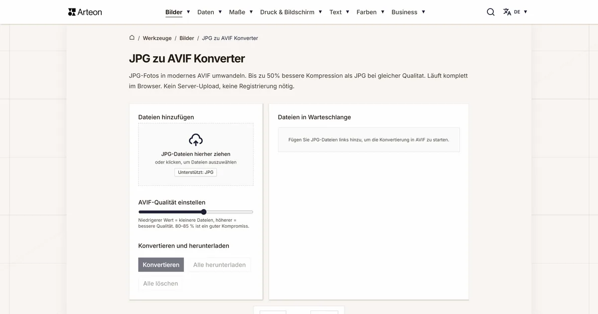 Screenshot des kostenlosen Arteon-Werkzeugs: JPG zu AVIF Konverter