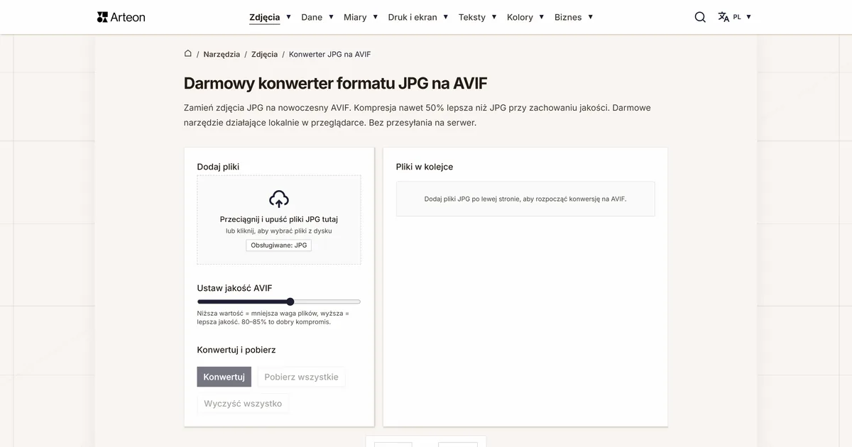 Zrzut ekranu darmowego narzędzia Arteon: Darmowy konwerter formatu JPG na AVIF