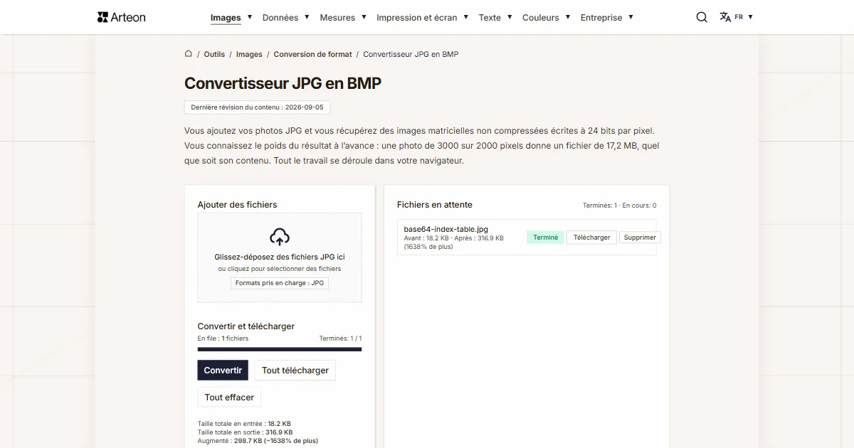 Capture d'écran de l'outil gratuit d'Arteon: Convertisseur JPG en BMP