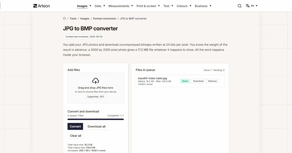 Arteon free tool screenshot: JPG to BMP converter