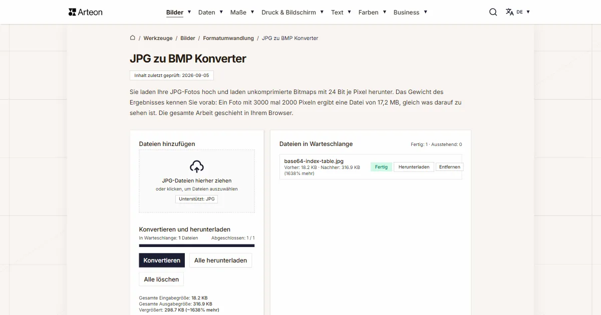 Screenshot des kostenlosen Arteon-Werkzeugs: JPG zu BMP Konverter