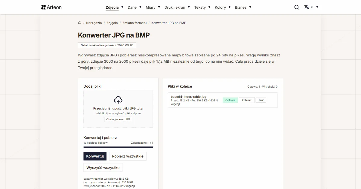 Zrzut ekranu darmowego narzędzia Arteon: Konwerter JPG na BMP