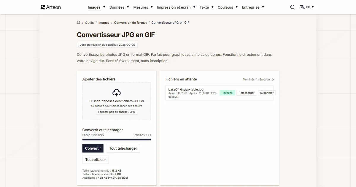 Capture d'écran de l'outil gratuit d'Arteon: Convertisseur JPG en GIF