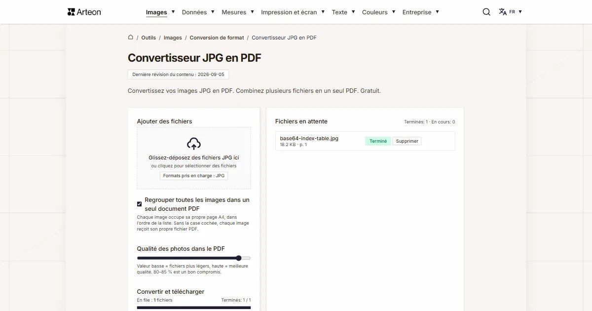 Capture d'écran de l'outil gratuit d'Arteon: Convertisseur JPG en PDF