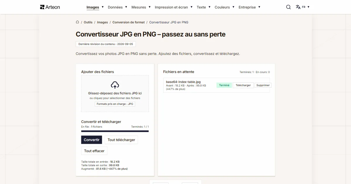 Capture d'écran de l'outil gratuit d'Arteon: Convertisseur JPG en PNG – passez au sans perte