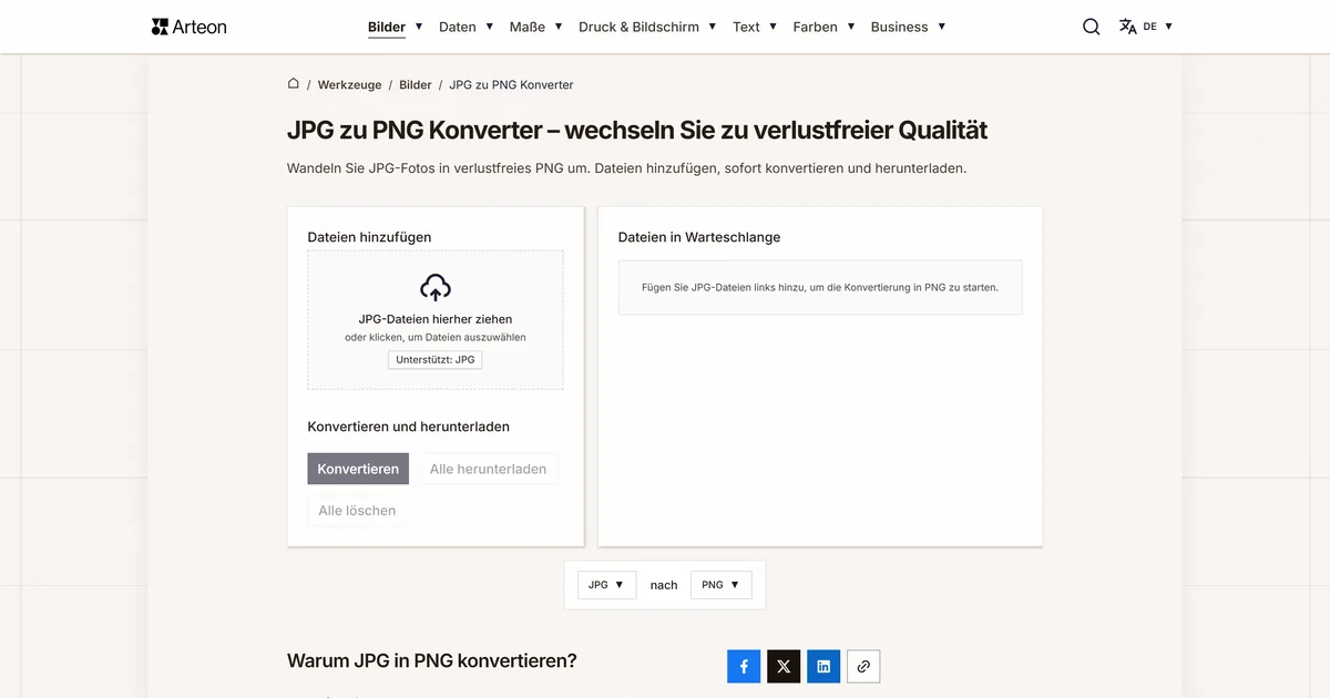 Screenshot des kostenlosen Arteon-Werkzeugs: JPG zu PNG Konverter – wechseln Sie zu verlustfreier Qualität