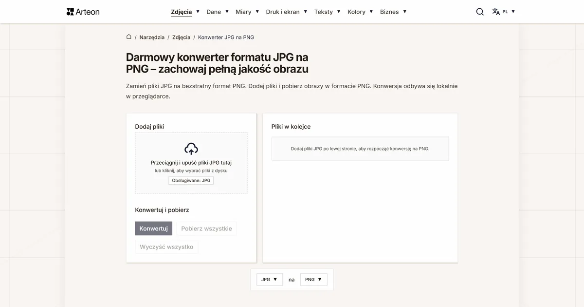 Zrzut ekranu darmowego narzędzia Arteon: Darmowy konwerter formatu JPG na PNG – zachowaj pełną jakość obrazu