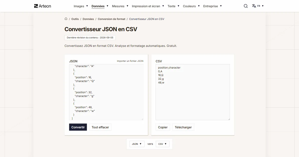 Capture d'écran de l'outil gratuit d'Arteon: Convertisseur JSON en CSV