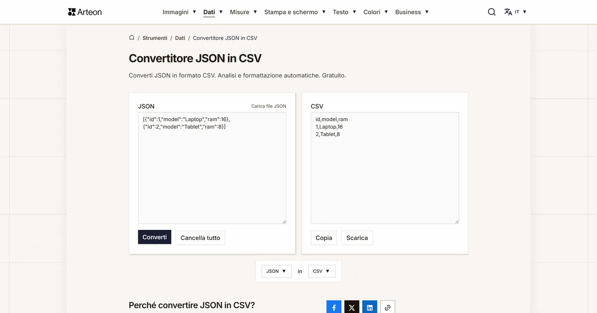 Screenshot dello strumento gratuito Arteon: Convertitore JSON in CSV