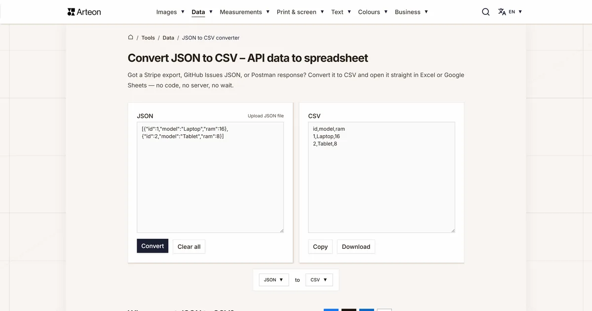 Arteon free tool screenshot: Convert JSON to CSV – API data to spreadsheet